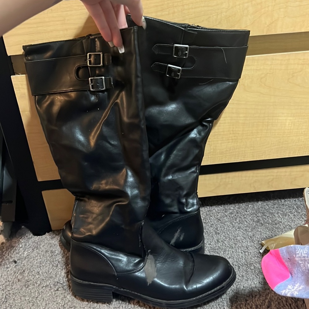 Black long zip up leather boots